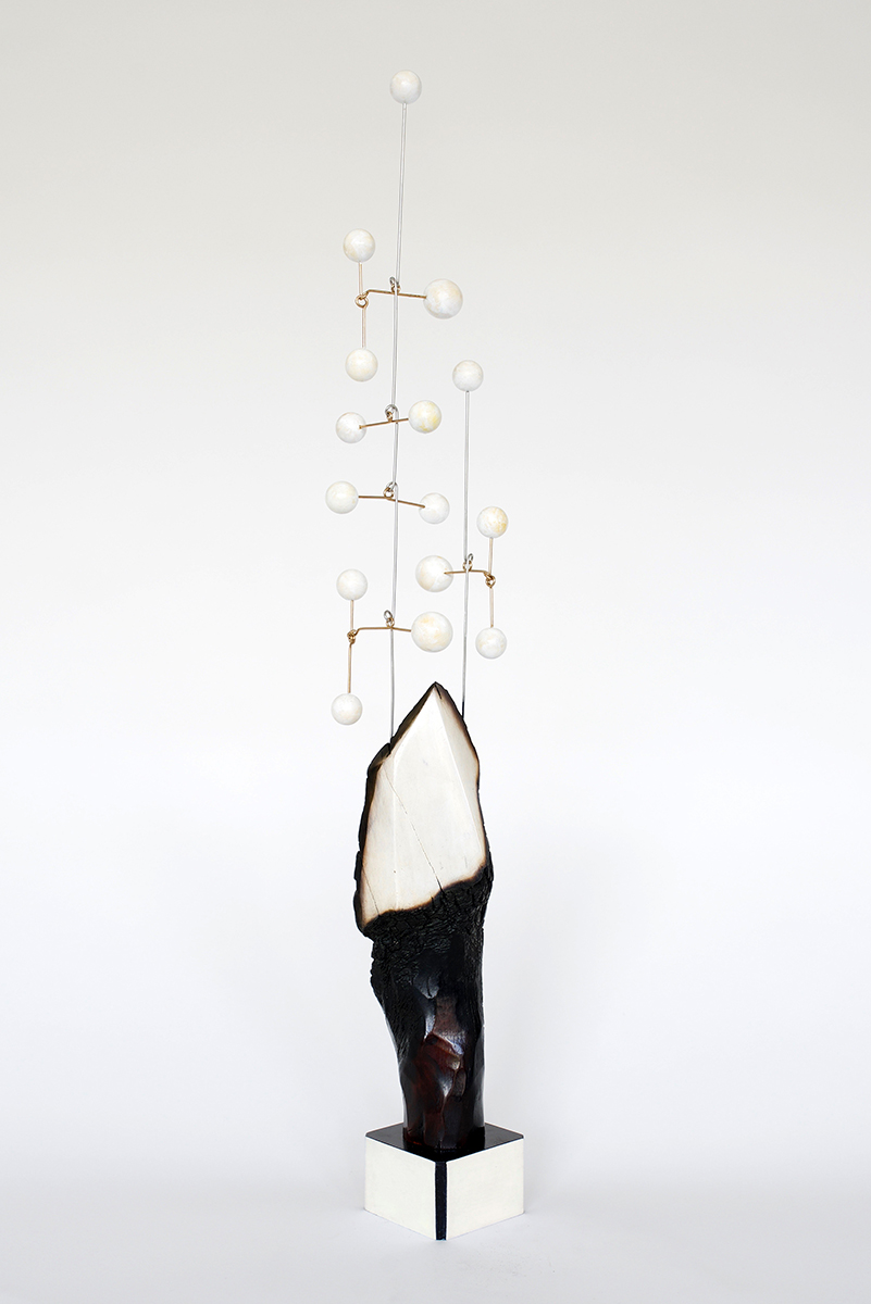 Woolsey 5 by Karolina Maszkiewicz, Malibu fire burned wood, stainless steel, wood veneer, 27 x 4 x 4 inches