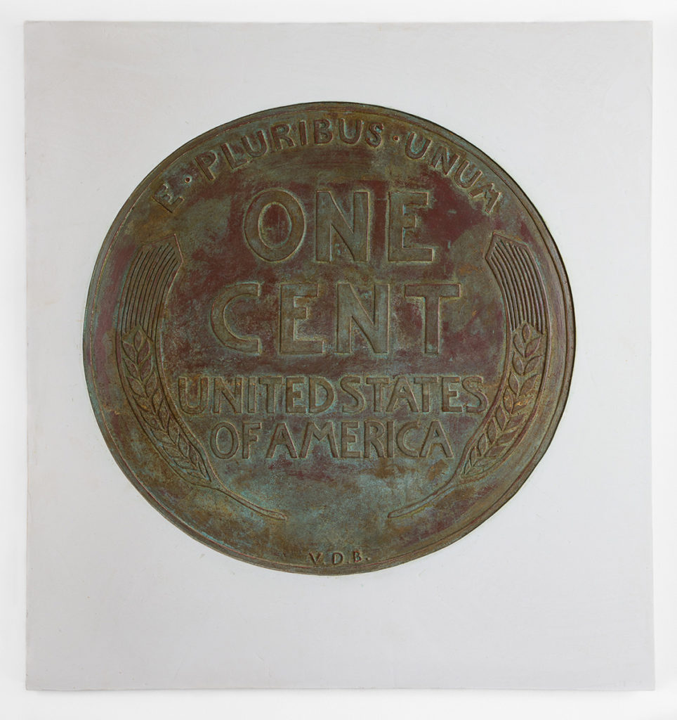 Lincoln Cent 1 by Erin Morrison, Oxidized copper leaf and enamel on gypsum cement, 43 x 39 inches