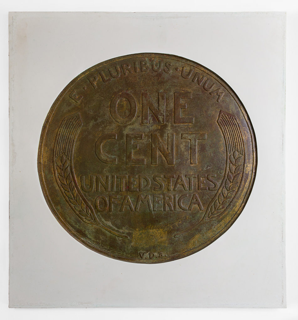 Lincoln Cent 2 by Erin Morrison, Oxidized copper leaf and enamel on gypsum cement, 43 x 39 inches