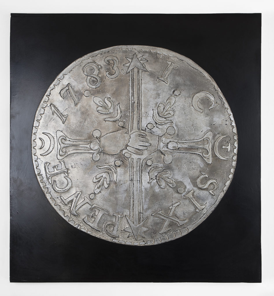 Chalmers Sixpence (Silver) by Erin Morrison, Oxidized silver and enamel on gypsum cement, 43 x 39 inches