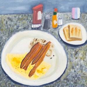 A painting depicting two plates of bacon, eggs, toast, and condiments on a blue gray tabletop.