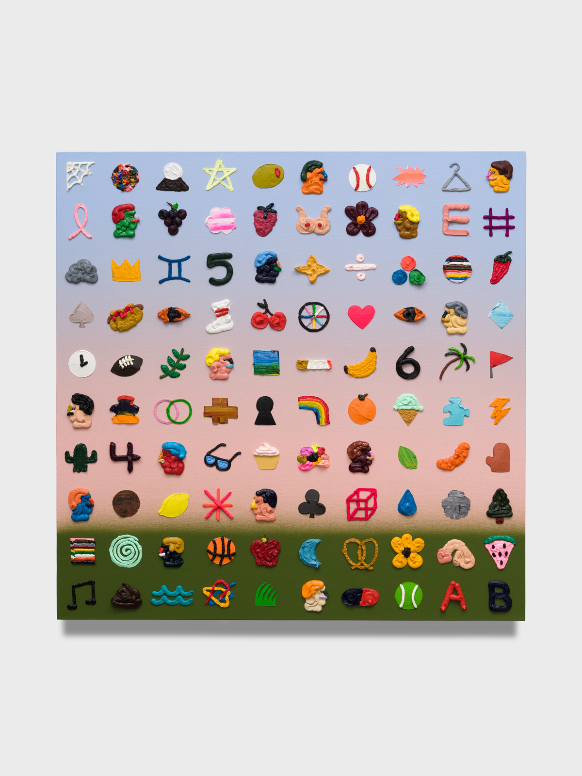 This painting shows a number of icons/objects/portraits painted in a grid on a blue, pink, and green surface. The paint that makes up the objects is thick while the background is flat. Some examples of the roughly 75 objects painted include a cigarette, watermelon slice, and the division symbol.