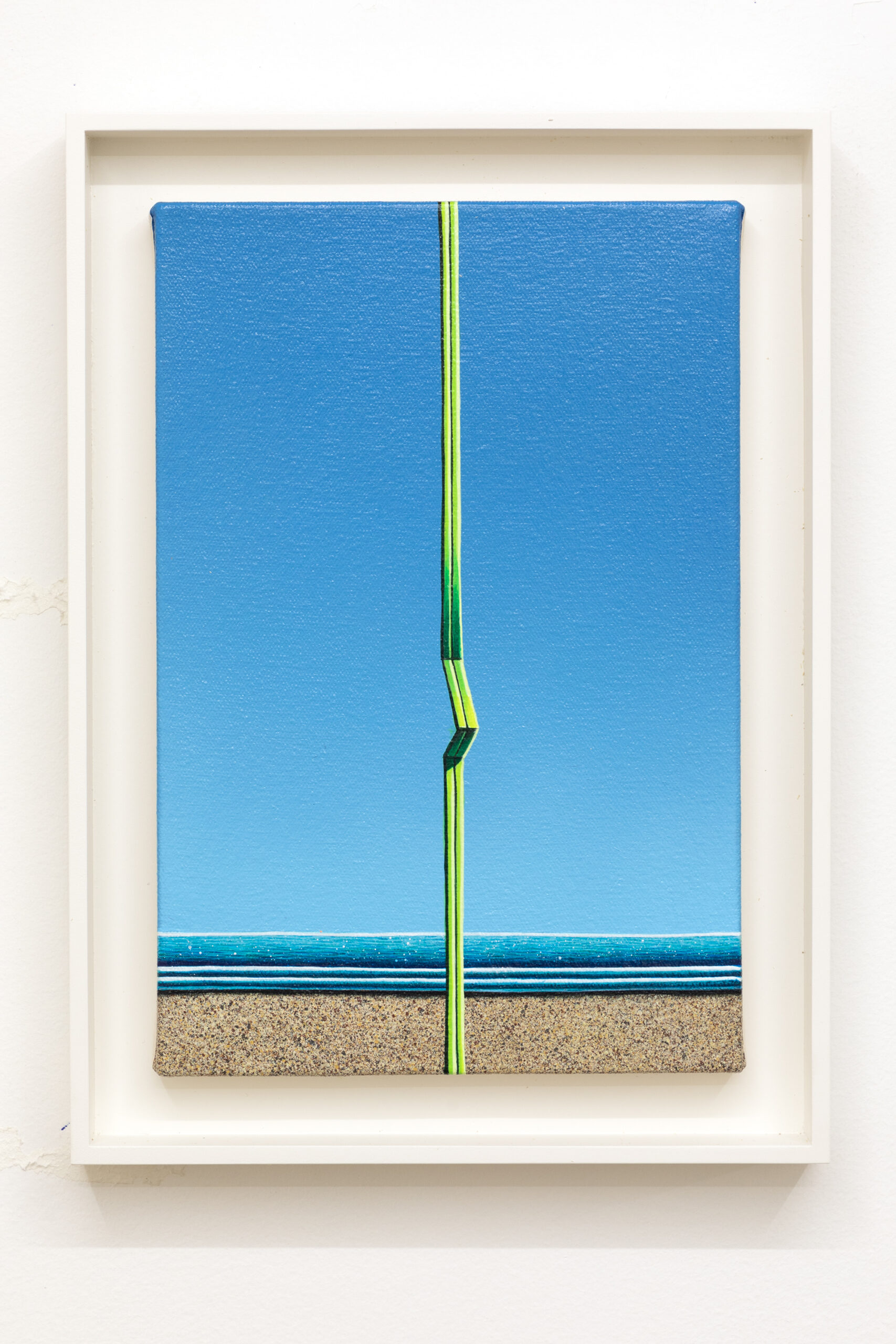 A painting of a skinny, vertical, green object placed in the center of the image. The background is a beach scene and the green object is creased towards the middle