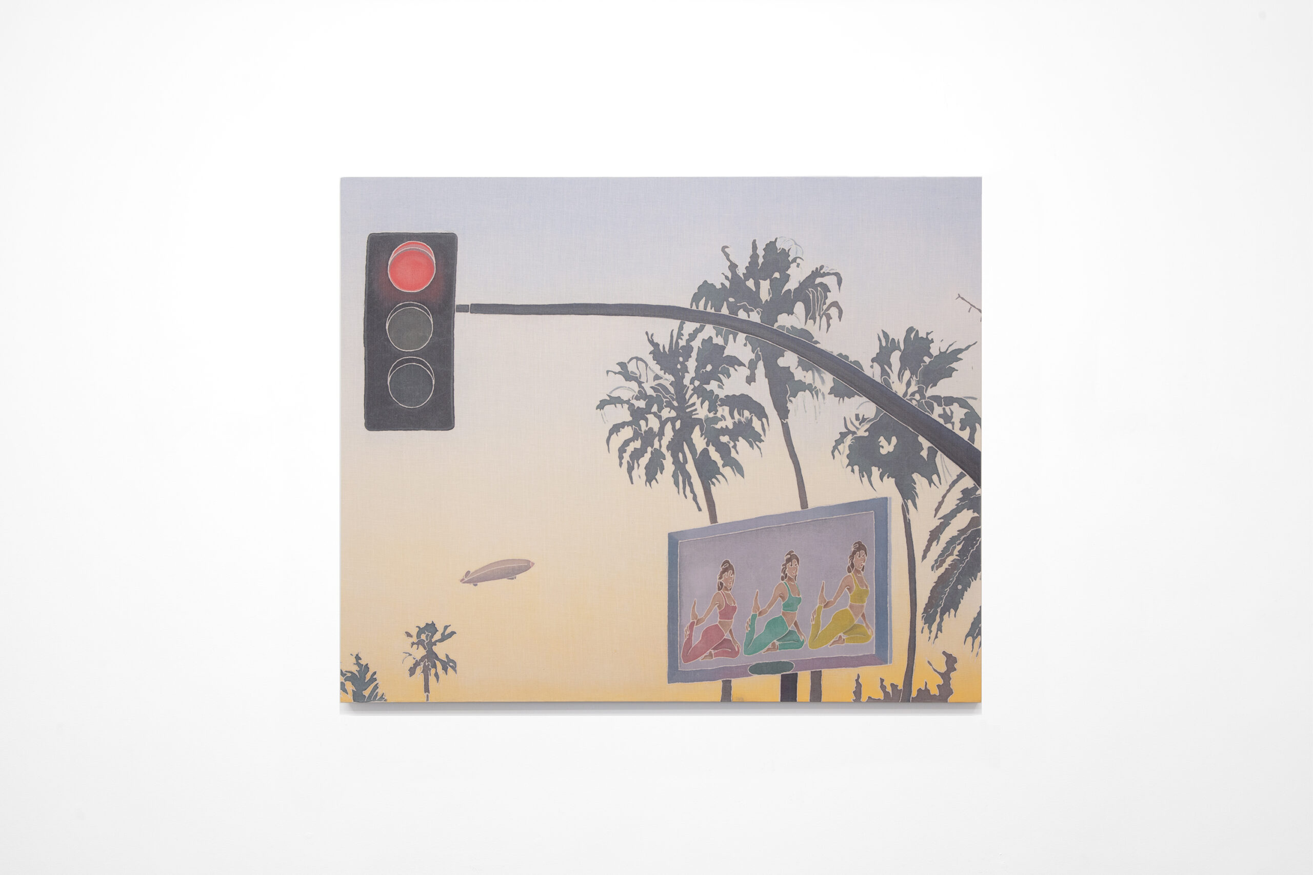 A silk painting of a light blue/orange sky with palm trees, a stop light, a billboard, and a blimp.