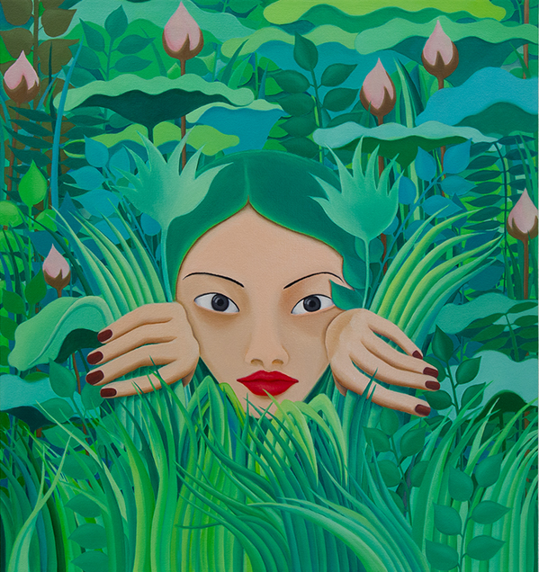 A painting of a grassy field with a face and hands emerging from the center