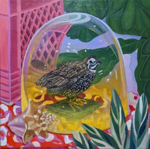 A painting of a quail sitting on a tabletop surrounded by what appears to be a glass dome. A conch shell, pink milk crate, and foliage also sit atop the table.