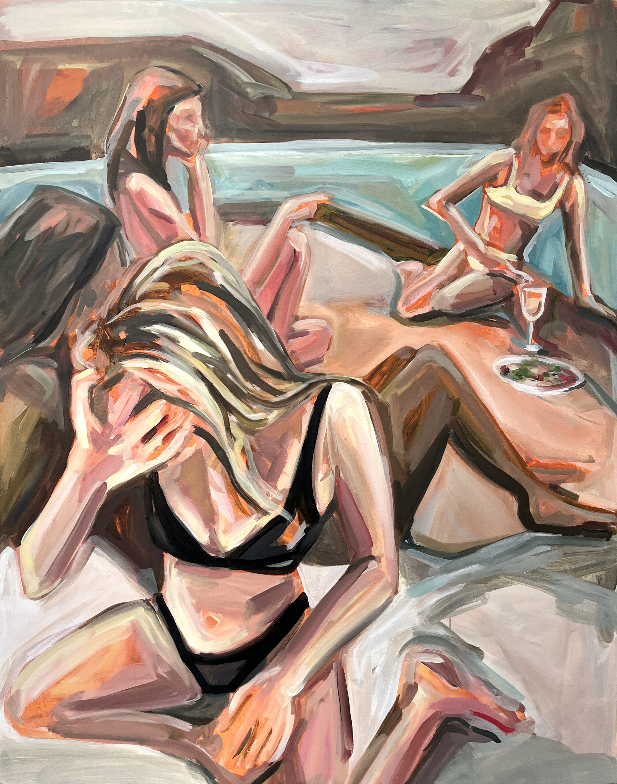 A painting of three figures sitting by a pool or lake. The figure in the foreground is looking down with her hand covering her face, while the two in the back seem to be sharing a glass of wine and some food.