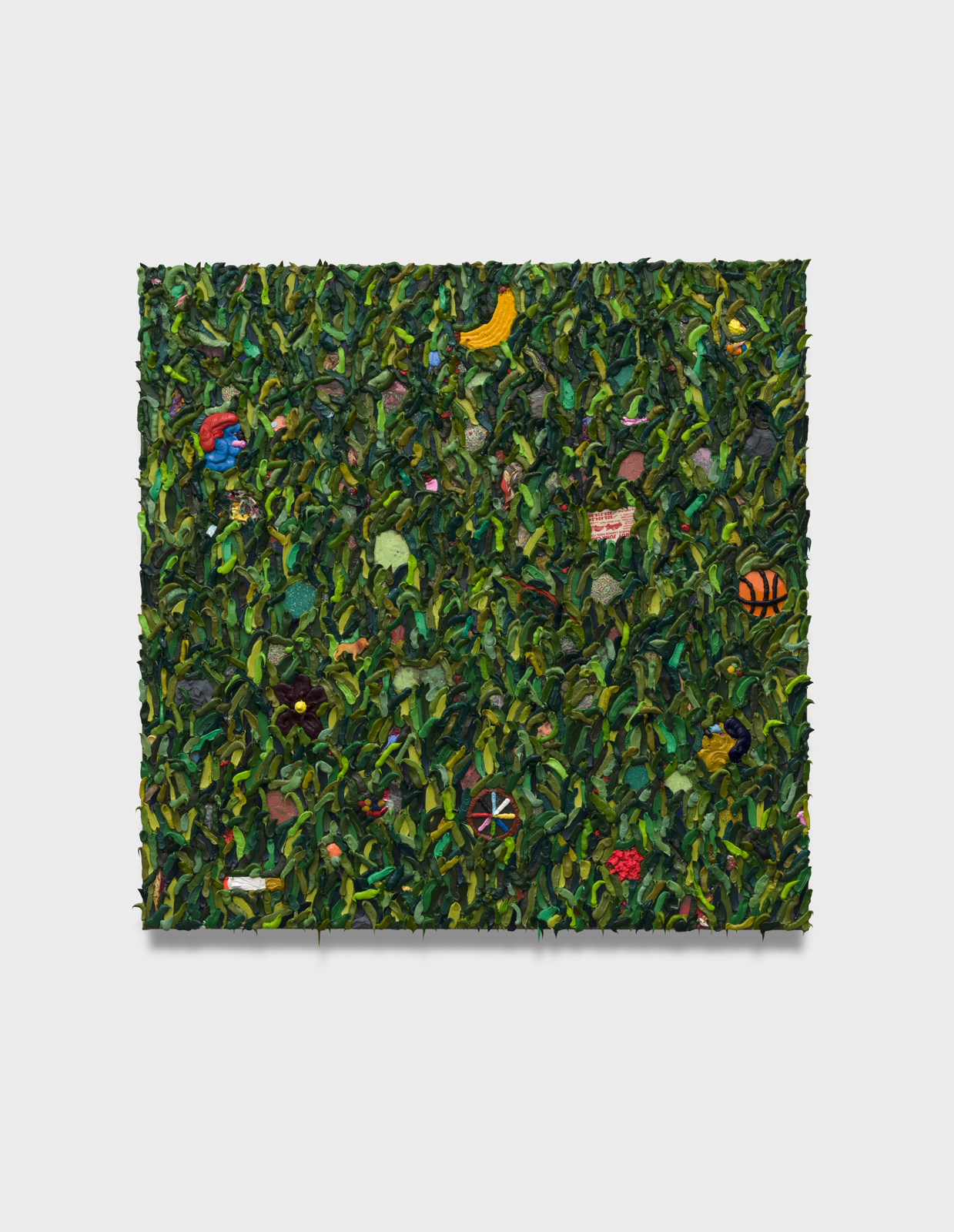 A painting of grass with various small objects laying within. The application of the paint is very thick causing the grass to conceal/reveal certain objects.