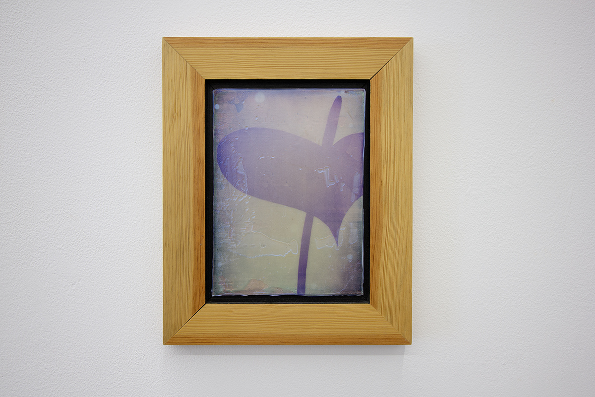 A painting of a light purple form against a bright white/purple backgorund. The form takes up the majority of the image area and is placed in the top right quadrant. The painting is framed with wood edges and a black mat.