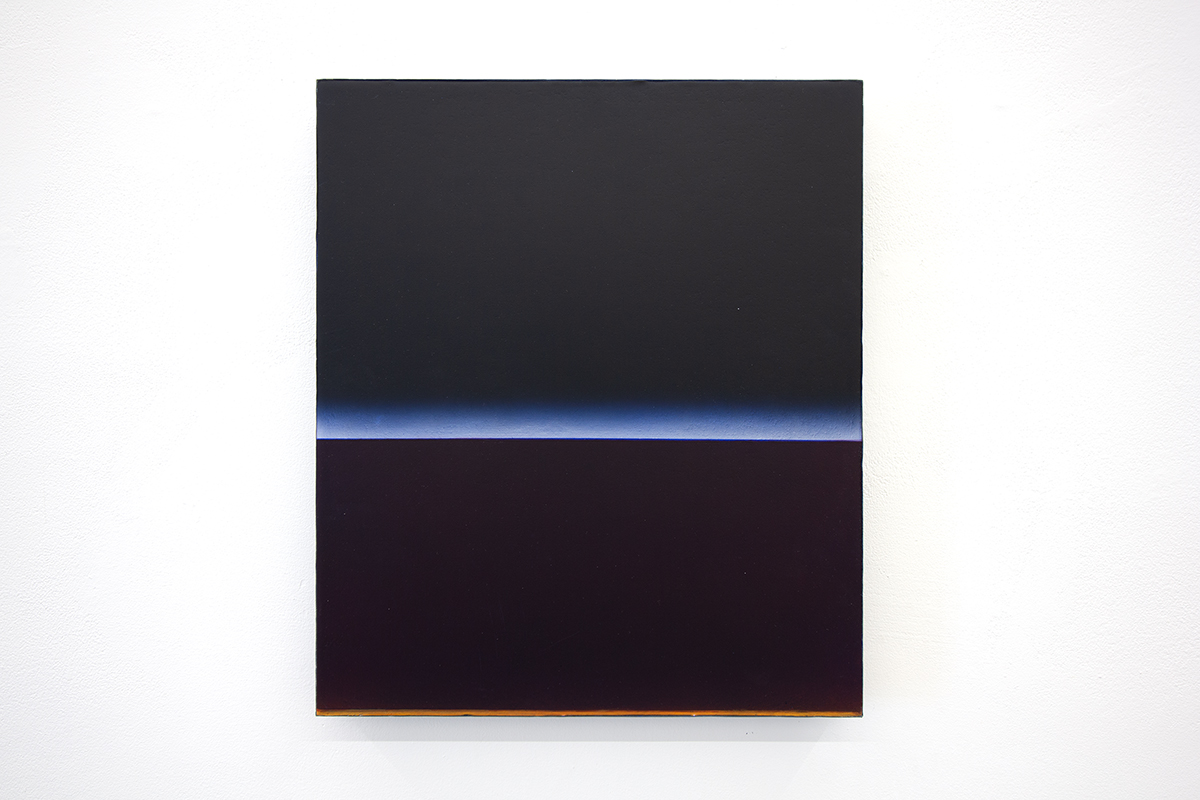 A painting with a black ground, a horizontal orange strip at the bottom edge, and a horizontal bright glowing blue/white strip in the middle.