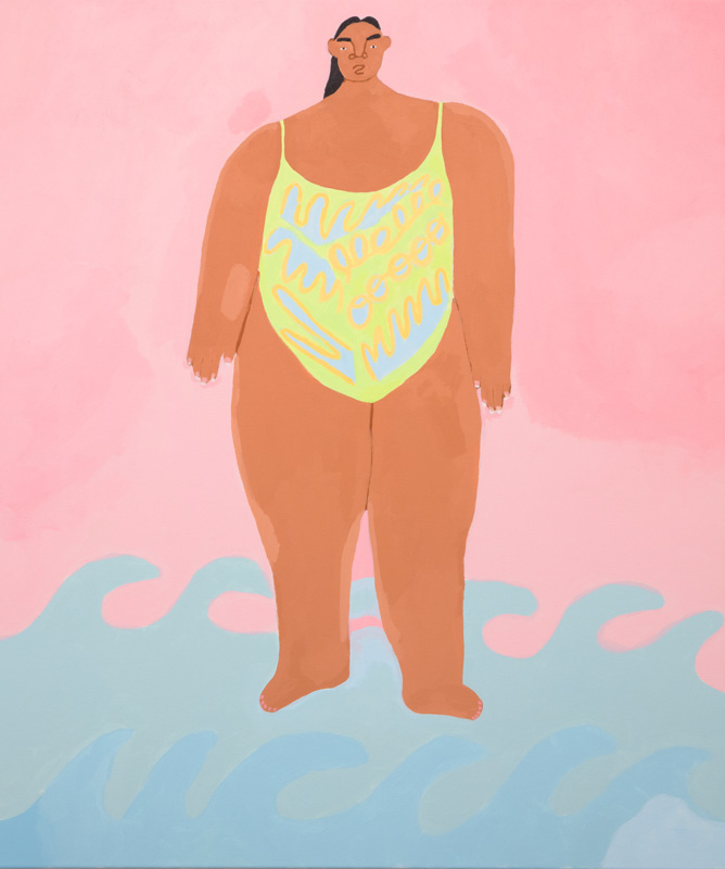 A portrait painting of a figure wearing a yellow one piece bathing suit. The background is pink and there are blue waves below.