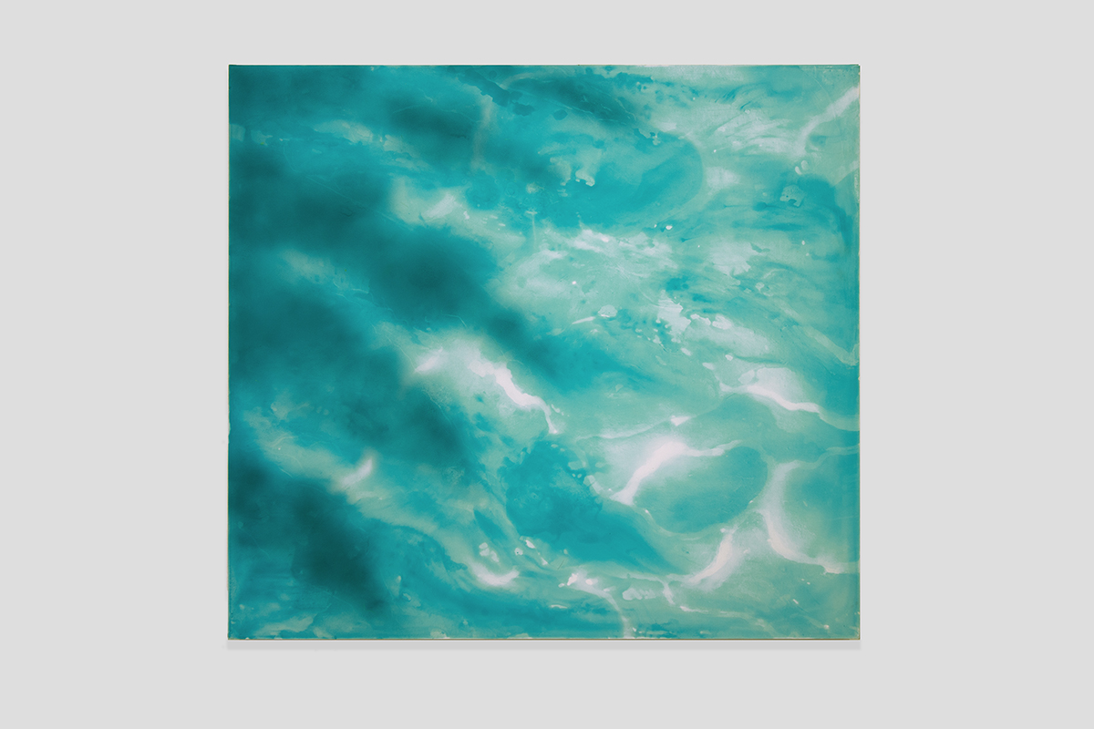 A teal, white, and light blue painting that resembles a close up of water shimmering in the light.