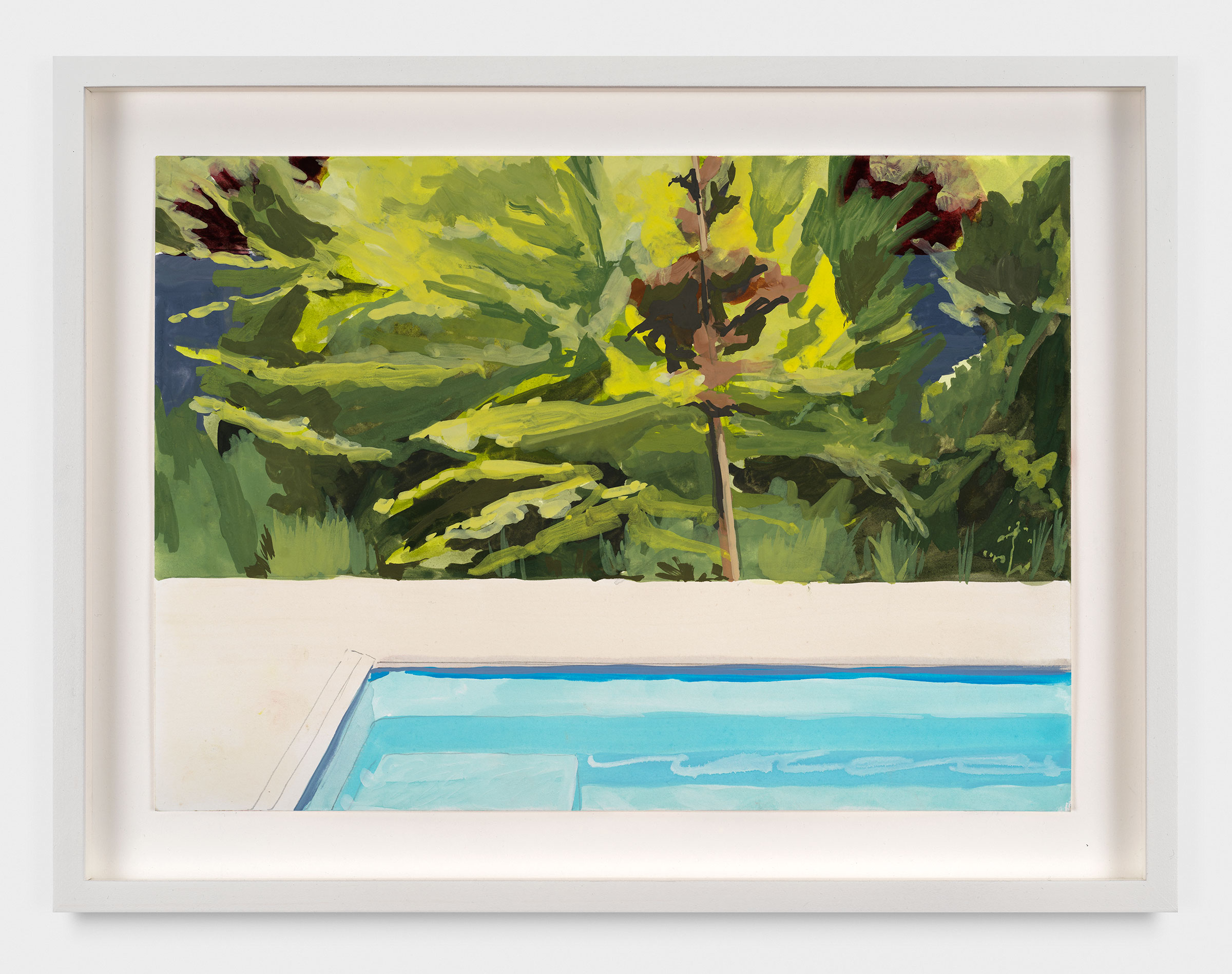 A painting of a pool's corner and its surrounding foliage. The upper half of the frame depicts heavy foliage while the bottom half shows the corner of a pool and the cement surrounding it.