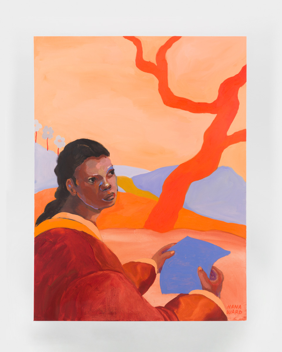 A painting of a figure sitting in an orange and blue landscape opening a folded piece of paper and looking up towards the sky. The paper is colored blue and appears to be blank