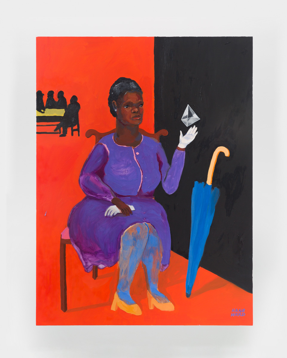 A painting of a figure sitting in a room with red and black walls. She is holding a glove in her left hand and a glass pyramid is floating above her left. There is an umbrella leaning against the wall and an image of silhouetted figures sitting around a table behind her.