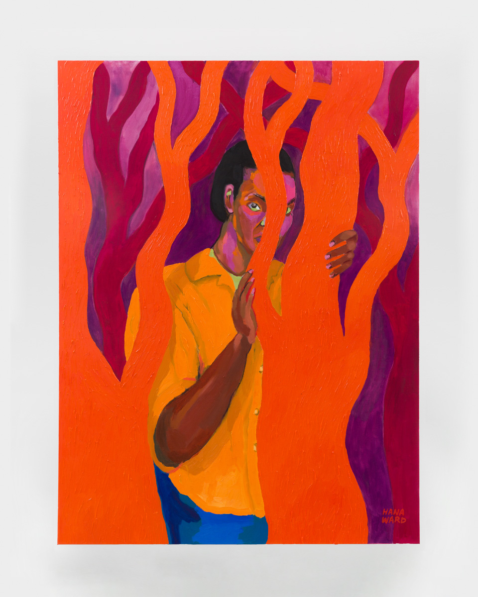 A painting of a figure standing amongst orange and maroon trees.