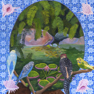 A painting focuses on a botanical garden view of a pond. There are four taxidermized birds looking at the pond.