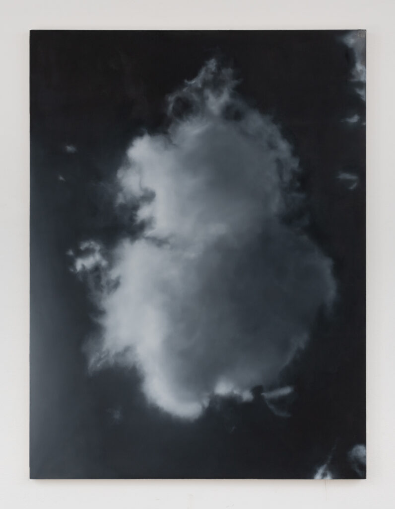 A painting of a cloud glowing white on the left edge and darker towards the right.