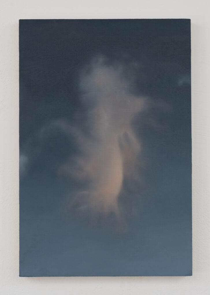 A painting of a wispy cloud with a faint orange glow.