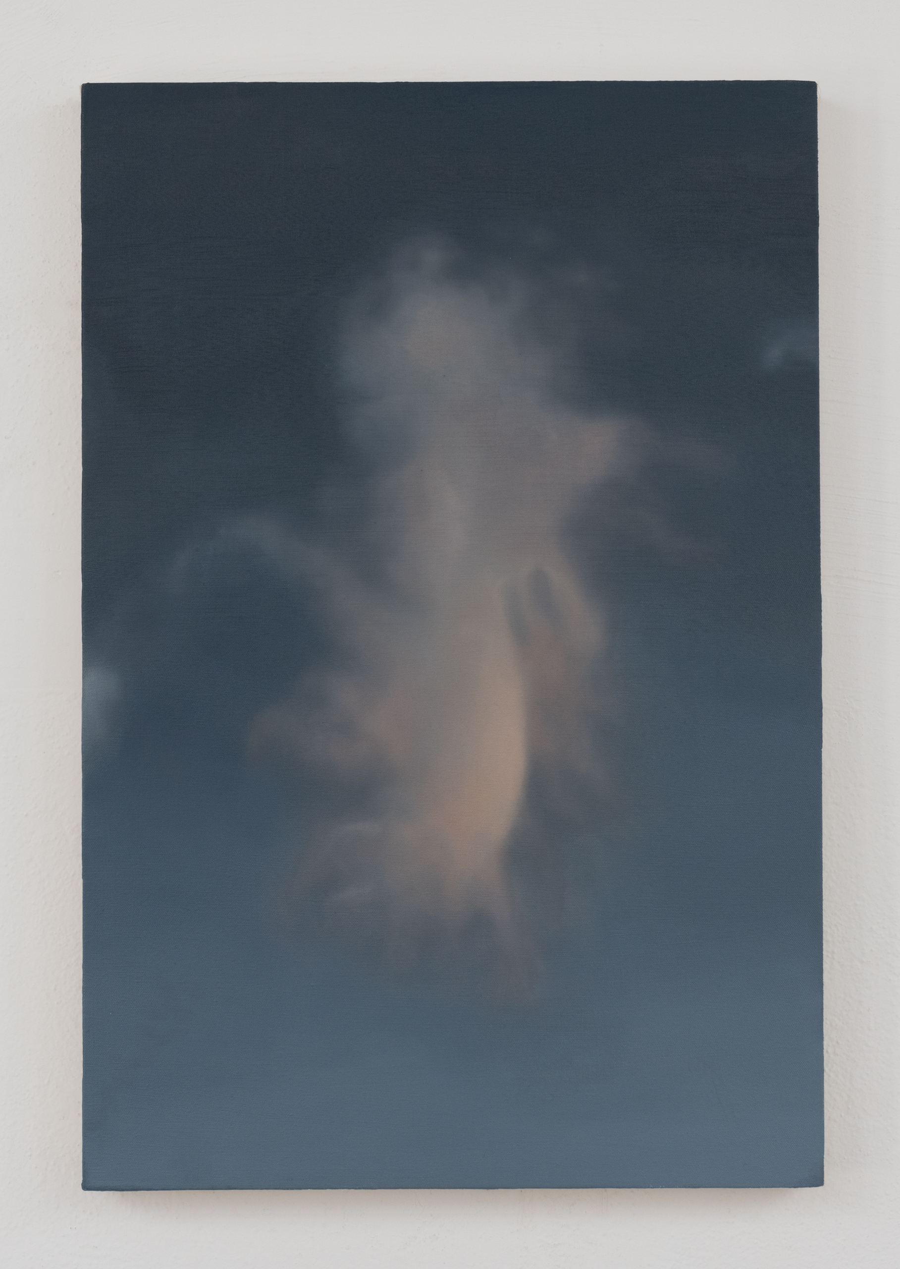 A painting of a wispy cloud with a faint orange glow.