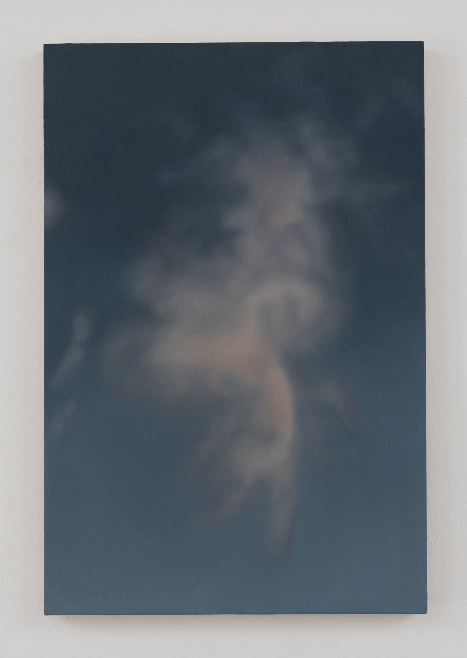 A painting of a wispy cloud with a faint orange glow.