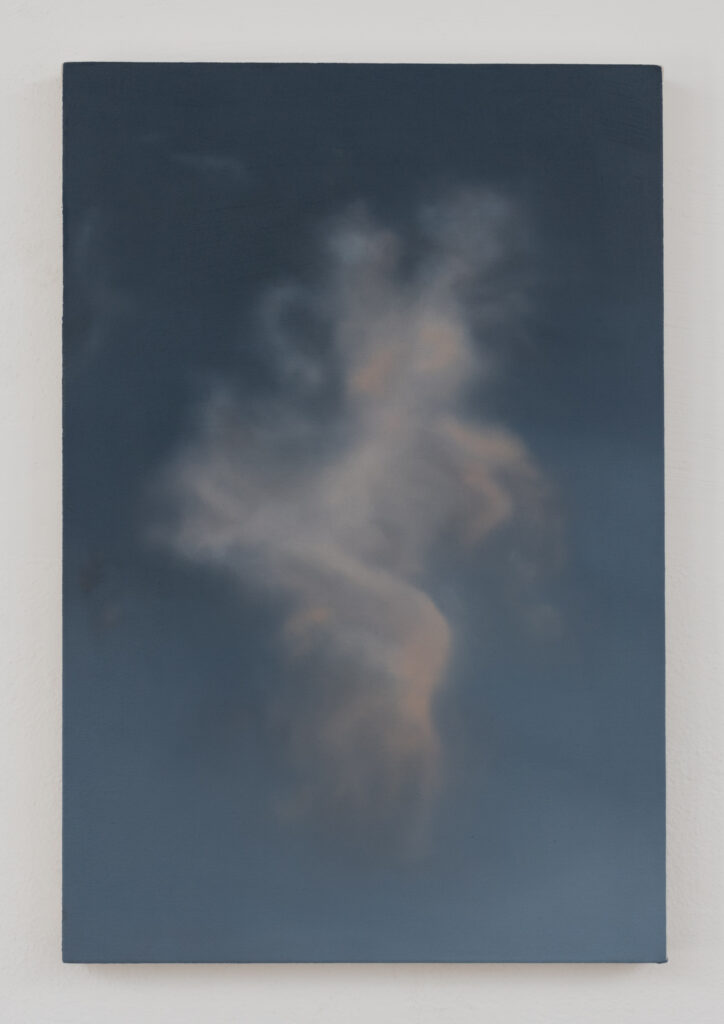 A painting of a wispy cloud with a faint orange glow.