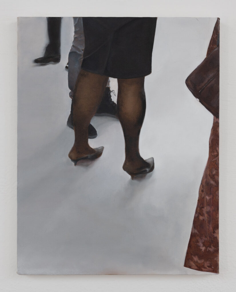 A painting of the lower half of a woman's body standing in heels that are too small.