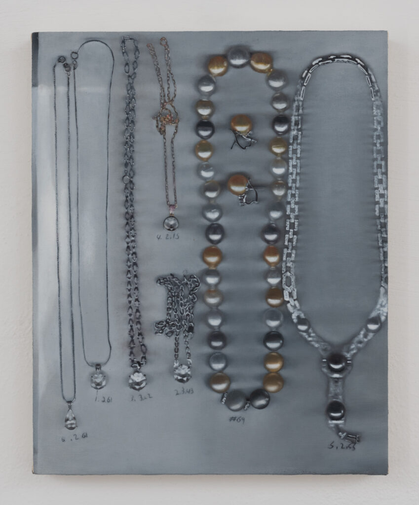 A painting of seven necklaces and a pair of earrings labeled for appraisal.