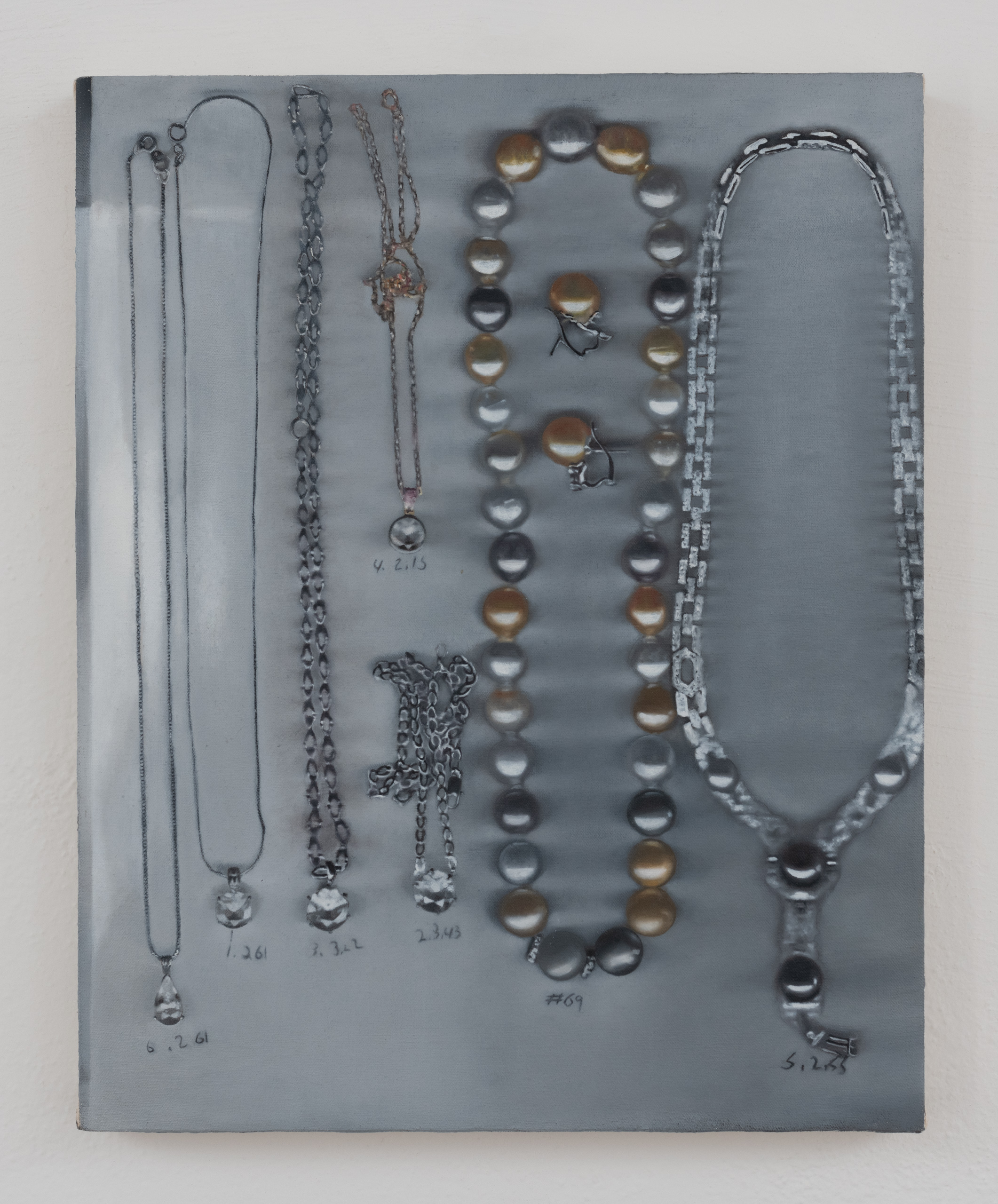 A painting of seven necklaces and a pair of earrings labeled for appraisal.