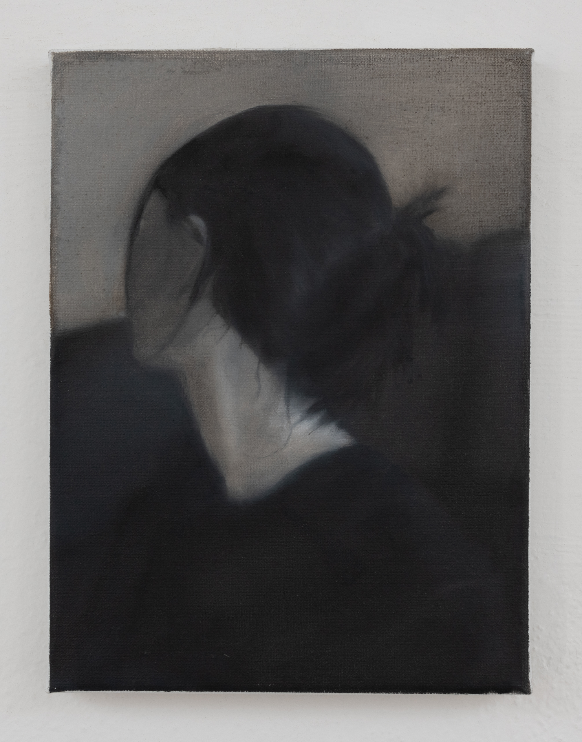 A monochrome painting of a women in profile were her head turned.