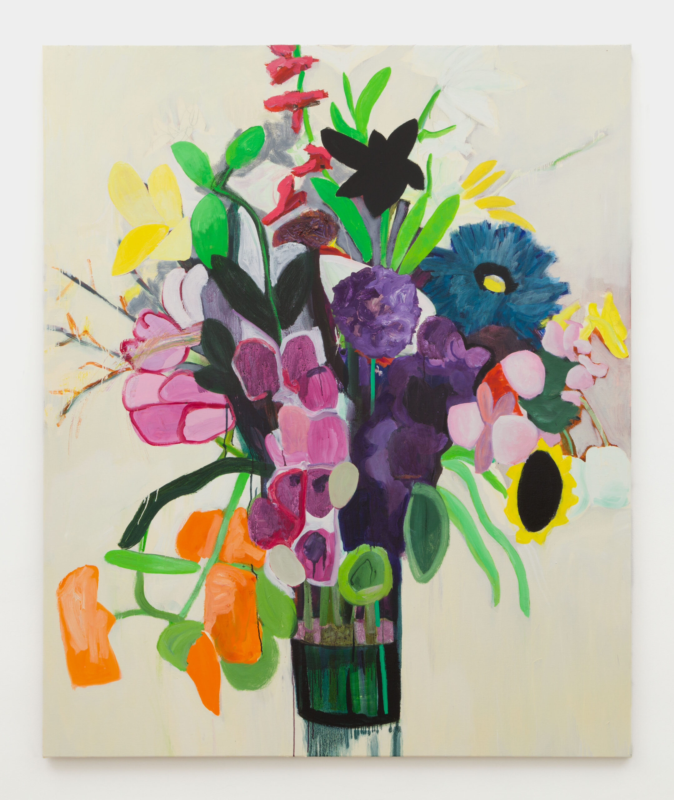 A painting of a large vase of colorful flowers on a white background.