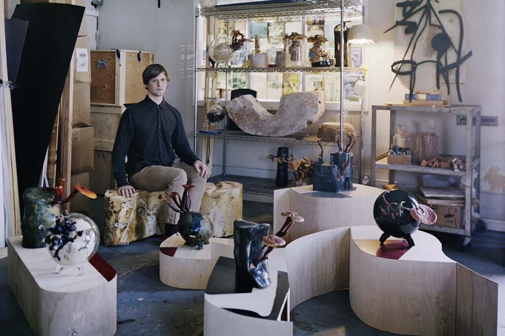 Sam Shoemaker in his studio in Los Angeles (2023). Photo by Paloma Dooley, courtesy of Carla (Contemporary Art Review Los Angeles)