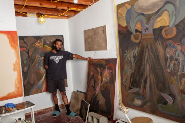 Artist Lenworth McIntosh in his studio