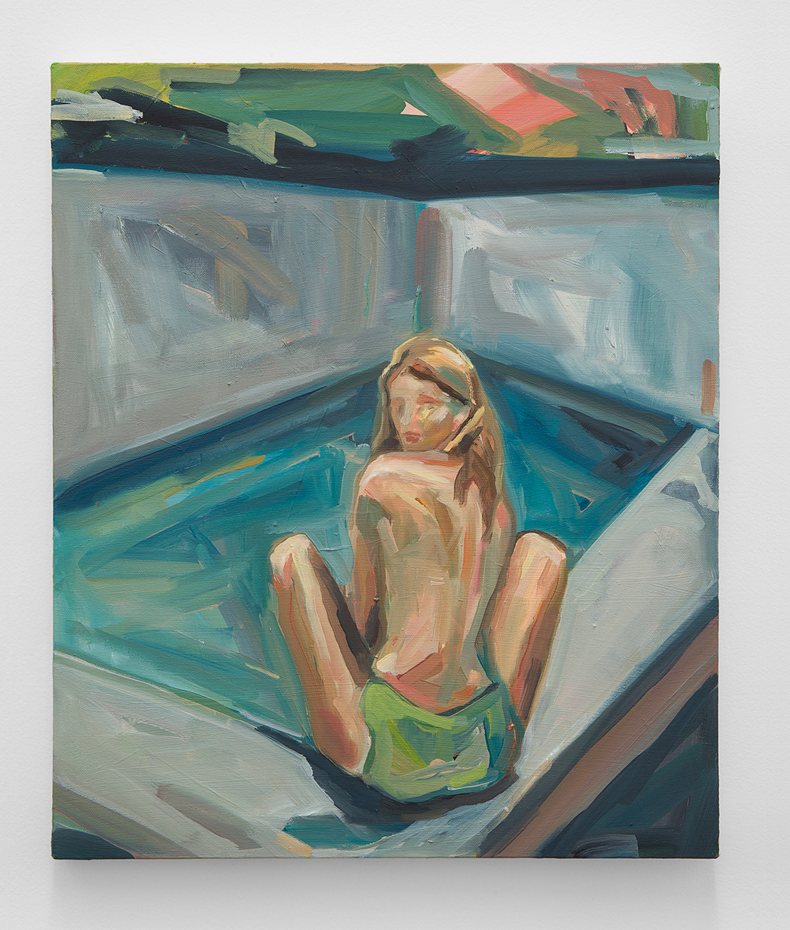 painting of a woman sitting by a pool looking back at the viewer