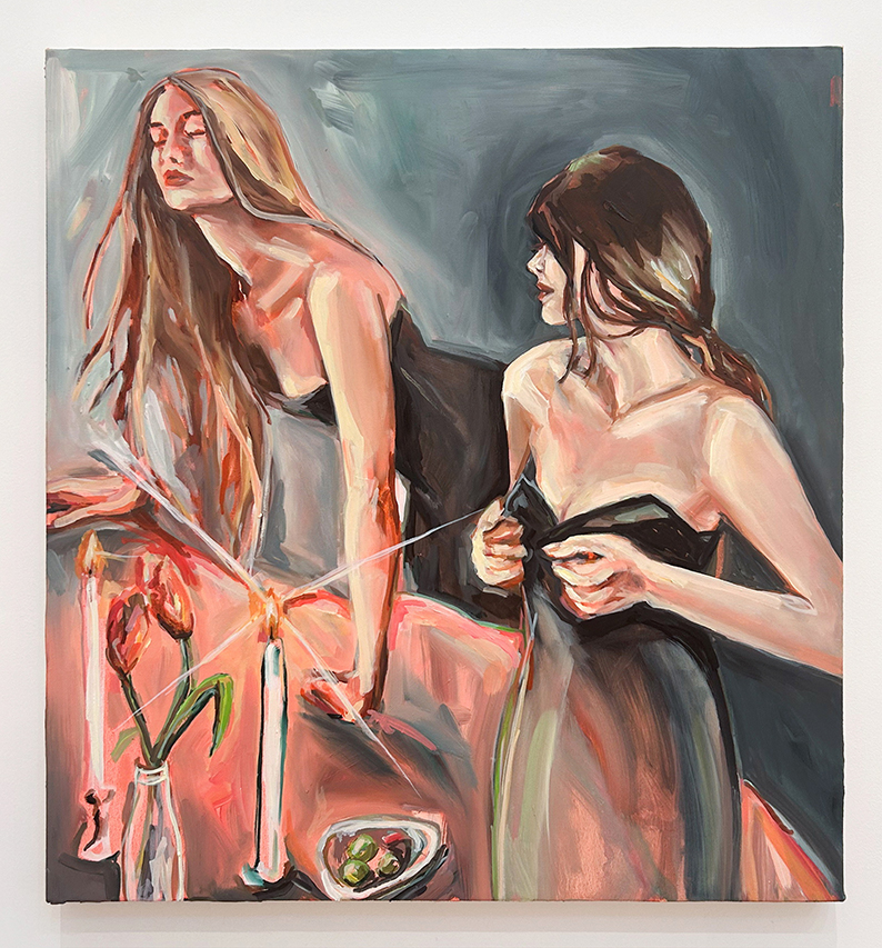 painting of two women standing next to a table